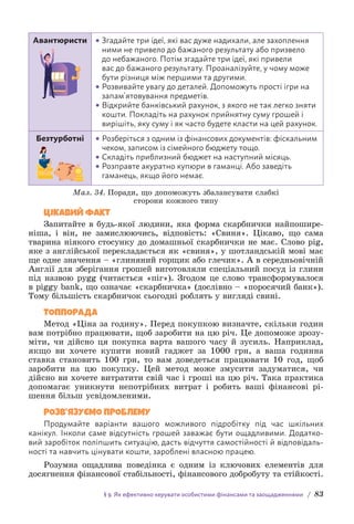 § 9. Як ефективно керувати особистими фінансами та заощадженнями / 83
Авантюристи • 
Згадайте три ідеї, які вас дуже надихали, але захоплення
ними не привело до бажаного результату або призвело
до небажаного. Потім згадайте три ідеї, які привели
вас до бажаного результату. Проаналізуйте, у чому може
бути різниця між першими та другими.
• 
Розвивайте увагу до деталей. Допоможуть прості ігри на
запам’ятовування предметів.
• 
Відкрийте банківський рахунок, з якого не так легко зняти
кошти. Покладіть на рахунок прийнятну суму грошей і
вирішіть, яку суму і як часто будете класти на цей рахунок.
Безтурботні • 
Розберіться з одним із фінансових документів: фіскальним
чеком, записом із сімейного бюджету тощо.
• 
Складіть приблизний бюджет на наступний місяць.
• 
Розправте акуратно купюри в гаманці. Або заведіть
гаманець, якщо його немає.
Мал. 34. Поради, що допоможуть збалансувати слабкі
сторони кожного типу
ЦІКАВИЙ ФАКТ
Запитайте в будь-якої людини, яка форма скарбнички найпошире-
ніша, і він, не замислюючись, відповість: «Свиня». Цікаво, що сама
тварина ніякого стосунку до домашньої скарбнички не має. Слово pig,
яке з англійської перекладається як «свиня», у шотландській мові має
ще одне значення – «глиняний горщик або глечик». А в середньовічній
Англії для зберігання грошей виготовляли спеціальний посуд із глини
під назвою pygg (читається «піг»). Згодом це слово трансформувалося
в piggy bank, що означає «скарбничка» (дос­
лівно – «поросячий банк»).
Тому більшість скарбничок сьогодні роблять у вигляді свині.
ТОППОРАДА
Метод «Ціна за годину». Перед покупкою визначте, скільки годин
вам потрібно працювати, щоб заробити на цю річ. Це допоможе зрозу-
міти, чи дійсно ця покупка варта вашого часу й зусиль. Наприклад,
якщо ви хочете купити новий гаджет за 1000 грн, а ваша годинна
ставка становить 100 грн, то вам доведеться працювати 10 год, щоб
заробити на цю покупку. Цей метод може змусити задуматися, чи
дійсно ви хочете витратити свій час і гроші на цю річ. Така практика
допомагає уникнути непотрібних витрат і робить ваші фінансові рі-
шення більш усвідомленими.
РОЗВ’ЯЗУЄМО ПРОБЛЕМУ
Продумайте варіанти вашого можливого підробітку під час шкільних
к­
анікул. Інколи саме відсутність грошей заважає бути ощадливими. Додатко-
вий заробіток поліпшить ситуацію, дасть відчуття самостійності й відповідаль-
ності та навчить цінувати кошти, зароблені власною працею.
Розумна ощадлива поведінка є одним із ключових елементів для
досягнення фінансової стабільності, фінансового добробуту та стійкості.
 