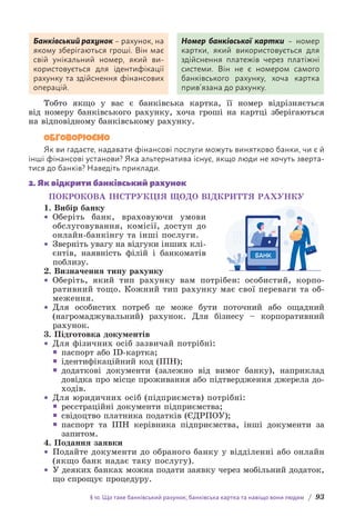 § 10. Що таке банківський рахунок, банківська картка та навіщо вони людям / 93
Номер банківської картки – номер
картки, який використовується для
здійснення платежів через платіжні
системи. Він не є номером самого
банківського рахунку, хоча картка
прив’язана до рахунку.
Банківський рахунок – рахунок, на
якому зберігаються гроші. Він має
свій унікальний номер, який ви-
користовується для ідентифікації
рахунку та здійснення фінансових
операцій.
Тобто якщо у вас є банківська картка, її номер відрізняється
від номеру банківського рахунку, хоча гроші на картці зберігаються
на відповідному банківському рахунку.
ОБГОВОРЮЄМО
Як ви гадаєте, надавати фінансові послуги можуть винятково банки, чи є й
інші фінансові установи? Яка альтернатива існує, якщо люди не хочуть зверта-
тися до банків? Наведіть приклади.
2. Як відкрити банківський рахунок
ПОКРОКОВА ІНСТРУКЦІЯ ЩОДО ВІДКРИТТЯ РАХУНКУ
1. Вибір банку
• 
Оберіть банк, враховуючи умови
обслу­
говування, комісії, доступ до
онлайн-банкінгу та інші послуги.
• 
Зверніть увагу на відгуки інших клі­
єнтів, наявність філій і бан­
коматів
поблизу.
2. Визначення типу рахунку
• 
Оберіть, який тип рахунку вам потрібен: особистий, корпо­
ративний тощо. Кожний тип рахунку має свої переваги та об-
меження.
• 
Для особистих потреб це може бути поточний або ощадний
(нагромаджувальний) рахунок. Для бізнесу – корпоративний
рахунок.
3. Підготовка документів
• 
Для фізичних осіб зазвичай потрібні:
ƒ
ƒ паспорт або ID-картка;
ƒ
ƒ ідентифікаційний код (ІПН);
ƒ
ƒ додаткові документи (залежно від вимог банку), наприклад
довідка про місце проживання або підтвердження джерела до-
ходів.
• Для юридичних осіб (підприємств) потрібні:
ƒ
ƒ реєстраційні документи підприємства;
ƒ
ƒ свідоцтво платника податків (ЄДРПОУ);
ƒ
ƒ паспорт та ІПН керівника підприємства, інші документи за
запитом.
4. Подання заявки
• 
Подайте документи до обраного банку у відділенні або онлайн
(якщо банк надає таку послугу).
• 
У деяких банках можна подати заявку через мобільний додаток,
що спрощує процедуру.
БАНК
 