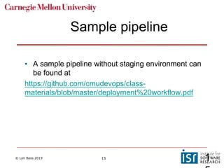 © Len Bass 2019 15
Sample pipeline
• A sample pipeline without staging environment can
be found at
https://github.com/cmudevops/class-
materials/blob/master/deployment%20workflow.pdf
1
 