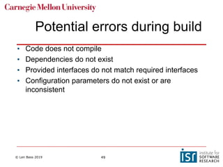 © Len Bass 2019 49
Potential errors during build
• Code does not compile
• Dependencies do not exist
• Provided interfaces do not match required interfaces
• Configuration parameters do not exist or are
inconsistent
 