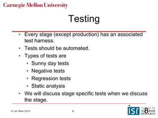 © Len Bass 2019 8
Testing
• Every stage (except production) has an associated
test harness.
• Tests should be automated.
• Types of tests are
• Sunny day tests
• Negative tests
• Regression tests
• Static analysis
• We will discuss stage specific tests when we discuss
the stage.
8
 