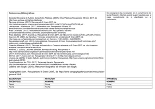 Referencias Bibliográficas
Sociedad Mexicana de Autores de las Artes Plásticas. (2007). Artes Plásticas Recuperado 9 Enero 2017, de
http://www.somaap.com/artes-plastiscas
Técnicas Artísticas. (2017). Recuperado 9 Enero 2017, de
http://artistica.mineduc.cl/wpcontent/uploads/sites/58/2016/04/TECNICAS-ARTISTICAS.pdf
Las técnicas - Artehistoria. (2017). Almendron.com. Recuperado 9 Enero 20
www.almendron.com/artehistoria/arte/pintura/las-claves-de-la-pintura/las-tecnicas
Artes Circenses. (2017). Teatrotallerdecolombia.com. Recuperados 9 Enero:
www.teatrotallerdecolombia.com/index.php/es/talleres/artes-circenses
Artes plásticas. (2017). Ecured.cu. Recuperado 9 Enero 2017, de https://www.ecured.cu/Artes_pl%C3%A1sticas
Guerrero, M. (2008). La Escultura: Técnicas, procedimientos y materiales 9 Enero 2017, de
http://www.csi-csif.es/andalucia/modules/mod_em Numero_11/M_ANGEL_GUERRERO_
Escueladepinturaff.com. (2013). Artes plásticas. Recuperado 9 Enero 2 escueladepinturaff.com/index.php?
option=com_content&view=article&id=60
Creación Artesanal. (2017). Técnicas de la escultura. Creacion-artesanal.co 9 Enero 2017, de http://creacion-
artesanal.com/tecnicas-de-la-escultura/
Martínez, C. (2007). Las artes plásticas. Banrepcultural.org. Recuperado 9
http://www.banrepcultural.org/blaavirtual/revistas/credencial/enero2007/artes.htm
(2017). Entremúsicas.com. Recuperado 9 Enero 2017, de http://entremusica.com/investigacion/20
SAYCE. (2017). Sayce.com.ec. Recuperado 9 Enero 2017, de http://www.sayce.com.ec/
Unesco.org. (2010). El teatro Kabuki - patrimonio inmaterial. Recuperado http://www.unesco.org/culture/ich/es/RL/el-
teatro-kabuki-00163
Portal Académico del CCH. (2017). Personaje literario. Recuperado
http://portalacademico.cch.unam.mx/alumno/tlriid1/unidad4/persc rsonaje Literario
Galería Van Gogh. (2015). Resumen Biográfico de Vincent van Gogh.
ngoghgallery.com. Recuperado 9 Enero 2017, de http://www.vangoghgallery.com/es/misc/vision-
general.html.
Se consignarán las novedades en el cumplimiento de
la planificación. Además, puede sugerir ajustes para el
mejor cumplimiento de lo planificado en el
instrumento.
ELABORADO REVISADO APROBADO
DOCENTE(S): NOMBRE: NOMBRE:
Firma: Firma: Firma:
Fecha: Fecha: Fecha:
 