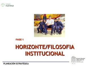 PLANEACIÓN ESTRATÉGICAPLANEACIÓN ESTRATÉGICA
HORIZONTE/FILOSOFIAHORIZONTE/FILOSOFIA
INSTITUCIONALINSTITUCIONAL
FASE 1FASE 1
 