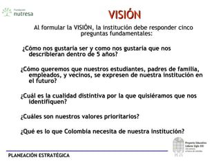 PLANEACIÓN ESTRATÉGICAPLANEACIÓN ESTRATÉGICA
VISIÓNVISIÓN
Al formular la VISIÓN, la institución debe responder cincoAl formular la VISIÓN, la institución debe responder cinco
preguntas fundamentales:preguntas fundamentales:
¿Cómo nos gustaría ser y como nos gustaría que nos¿Cómo nos gustaría ser y como nos gustaría que nos
describieran dentro de 5 años?describieran dentro de 5 años?
¿Cómo queremos que nuestros estudiantes, padres de familia,¿Cómo queremos que nuestros estudiantes, padres de familia,
empleados, y vecinos, se expresen de nuestra institución enempleados, y vecinos, se expresen de nuestra institución en
el futuro?el futuro?
¿Cuál es la cualidad distintiva por la que quisiéramos que nos¿Cuál es la cualidad distintiva por la que quisiéramos que nos
identifiquen?identifiquen?
¿Cuáles son nuestros valores prioritarios?¿Cuáles son nuestros valores prioritarios?
¿Qué es lo que Colombia necesita de nuestra institución?¿Qué es lo que Colombia necesita de nuestra institución?
 