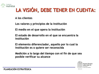 PLANEACIÓN ESTRATÉGICAPLANEACIÓN ESTRATÉGICA
LA VISIÓN, DEBE TENER EN CUENTA:LA VISIÓN, DEBE TENER EN CUENTA:
• A los clientesA los clientes
• Los valores y principios de la instituciónLos valores y principios de la institución
• El medio en el que opera la instituciónEl medio en el que opera la institución
• El estado de desarrollo en el que se encuentra laEl estado de desarrollo en el que se encuentra la
institucióninstitución
• El elemento diferenciador, aquello por lo cual laEl elemento diferenciador, aquello por lo cual la
institución es o quiere ser reconocidainstitución es o quiere ser reconocida
• Medición a lo largo del tiempo con el fin de que seaMedición a lo largo del tiempo con el fin de que sea
posible verificar su alcanceposible verificar su alcance
 