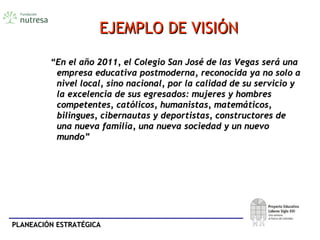 PLANEACIÓN ESTRATÉGICAPLANEACIÓN ESTRATÉGICA
EJEMPLO DE VISIÓNEJEMPLO DE VISIÓN
““En el año 2011, el Colegio San José de las Vegas será unaEn el año 2011, el Colegio San José de las Vegas será una
empresa educativa postmoderna, reconocida ya no solo aempresa educativa postmoderna, reconocida ya no solo a
nivel local, sino nacional, por la calidad de su servicio ynivel local, sino nacional, por la calidad de su servicio y
la excelencia de sus egresados: mujeres y hombresla excelencia de sus egresados: mujeres y hombres
competentes, católicos, humanistas, matemáticos,competentes, católicos, humanistas, matemáticos,
bilingues, cibernautas y deportistas, constructores debilingues, cibernautas y deportistas, constructores de
una nueva familia, una nueva sociedad y un nuevouna nueva familia, una nueva sociedad y un nuevo
mundo”mundo”
 