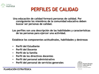 PLANEACIÓN ESTRATÉGICAPLANEACIÓN ESTRATÉGICA
PERFILES DE CALIDADPERFILES DE CALIDAD
Una educación de calidad formará personas de calidad. PorUna educación de calidad formará personas de calidad. Por
consiguiente los miembros de la comunidad educativa debenconsiguiente los miembros de la comunidad educativa deben
buscar ser personas de calidad.buscar ser personas de calidad.
Los perfiles son una descripción de las habilidades y característicasLos perfiles son una descripción de las habilidades y características
de las personas para ejercer una actividad.de las personas para ejercer una actividad.
Establece los componentes actitudinales, habilidades y destrezasEstablece los componentes actitudinales, habilidades y destrezas
• Perfil del EstudiantePerfil del Estudiante
• Perfil del DocentePerfil del Docente
• Perfil de la familiaPerfil de la familia
• Perfil de los directivos docentesPerfil de los directivos docentes
• Perfil del personal administrativoPerfil del personal administrativo
• Perfil del personal de servicios generalesPerfil del personal de servicios generales
 