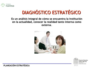 PLANEACIÓN ESTRATÉGICAPLANEACIÓN ESTRATÉGICA
DIAGNÓSTICO ESTRATÉGICODIAGNÓSTICO ESTRATÉGICO
Es un análisis integral de cómo se encuentra la instituciónEs un análisis integral de cómo se encuentra la institución
en la actualidad, conocer la realidad tanto interna comoen la actualidad, conocer la realidad tanto interna como
externaexterna..
 