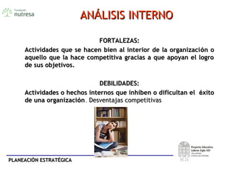 PLANEACIÓN ESTRATÉGICAPLANEACIÓN ESTRATÉGICA
ANANÁÁLISIS INTERNOLISIS INTERNO
FORTALEZAS:FORTALEZAS:
Actividades que se hacen bien al interior de la organizaciActividades que se hacen bien al interior de la organizacióón on o
aquello que la hace competitiva gracias a que apoyan el logroaquello que la hace competitiva gracias a que apoyan el logro
de sus objetivos.de sus objetivos.
DEBILIDADES:DEBILIDADES:
Actividades o hechos internos que inhiben o dActividades o hechos internos que inhiben o diificultan elficultan el ééxitoxito
de una organizacide una organizacióónn.. Desventajas competitivasDesventajas competitivas
 