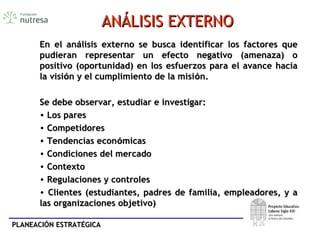 PLANEACIÓN ESTRATÉGICAPLANEACIÓN ESTRATÉGICA
ANÁLISIS EXTERNOANÁLISIS EXTERNO
En el anEn el anáálisis externo se busca identificar los factores quelisis externo se busca identificar los factores que
pudieran representar un efecto negativo (amenaza) opudieran representar un efecto negativo (amenaza) o
positivo (oportunidad) en los esfuerzos para el avance haciapositivo (oportunidad) en los esfuerzos para el avance hacia
la visila visióón y el cumplimiento de la misin y el cumplimiento de la misióón.n.
Se debe observar, estudiar e investigar:Se debe observar, estudiar e investigar:
• Los paresLos pares
• CompetidoresCompetidores
• Tendencias econTendencias econóómicasmicas
• Condiciones del mercadoCondiciones del mercado
• ContextoContexto
• Regulaciones y controlesRegulaciones y controles
• Clientes (estudiantes, padres de familia, empleadores, y aClientes (estudiantes, padres de familia, empleadores, y a
las organizaciones objetivo)las organizaciones objetivo)
 