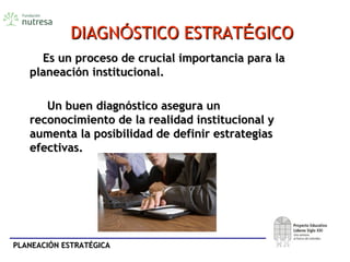 PLANEACIÓN ESTRATÉGICAPLANEACIÓN ESTRATÉGICA
DIAGNDIAGNÓÓSTICO ESTRATSTICO ESTRATÉÉGICOGICO
Es un proceso de crucial importancia para laEs un proceso de crucial importancia para la
planeación institucional.planeación institucional.
Un buen diagnóstico asegura unUn buen diagnóstico asegura un
reconocimiento de la realidad institucional yreconocimiento de la realidad institucional y
aumenta la posibilidad de definir estrategiasaumenta la posibilidad de definir estrategias
efectivas.efectivas.
 