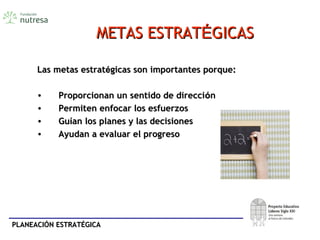 PLANEACIÓN ESTRATÉGICAPLANEACIÓN ESTRATÉGICA
METAS ESTRATMETAS ESTRATÉÉGICASGICAS
Las metas estratLas metas estratéégicas son importantes porque:gicas son importantes porque:
• Proporcionan un sentido de direcciProporcionan un sentido de direccióónn
• Permiten enfocar los esfuerzosPermiten enfocar los esfuerzos
• GuGuíían los planes y las decisionesan los planes y las decisiones
• Ayudan a evaluar el progresoAyudan a evaluar el progreso
 