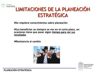 PLANEACIÓN ESTRATÉGICAPLANEACIÓN ESTRATÉGICA
LIMITACIONES DE LA PLANEACIÓNLIMITACIONES DE LA PLANEACIÓN
ESTRATÉGICAESTRATÉGICA
Se requiere conocimientos sobre planeaciónSe requiere conocimientos sobre planeación
Sus beneficios no siempre se ven en el corto plazo, enSus beneficios no siempre se ven en el corto plazo, en
ocasiones tiene que pasar algúnocasiones tiene que pasar algún tiempo para ver sustiempo para ver sus
resultadosresultados
Resistencia al cambioResistencia al cambio
 