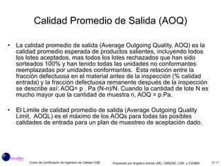 Calidad Promedio de Salida (AOQ) La calidad promedio de salida (Average Outgoing Quality, AOQ) es la calidad promedio esperada de productos salientes, incluyendo todos los lotes aceptados, mas todos los lotes rechazados que han sido sorteados 100% y han tenido todas las unidades no conformantes reemplazadas por unidades conformantes.  Esta relación entre la fracción defectuosa en el material antes de la inspección (% calidad entrada) y la fracción defectuosa remanente después de la inspección se describe así: AOQ= p . Pa (N-n)/N. Cuando la cantidad de lote N es mucho mayor que la cantidad de muestra n, AOQ = p.Pa. El Limite de calidad promedio de salida (Average Outgoing Quality Limit,  AOQL) es el máximo de los AOQs para todas las posibles calidades de entrada para un plan de muestreo de aceptación dado. 