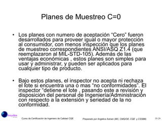 Planes de Muestreo C=0 Los planes con numero de aceptación “Cero” fueron desarrollados para proveer igual o mayor protección al consumidor, con menos inspección que los planes de muestreo correspondientes ANSI/ASQ Z1.4 (que reemplazaron al MIL-STD-105). Además de las ventajas económicas , estos planes son simples para usar y administrar, y pueden ser aplicados para cualquier tipo de producto. Bajo estos planes, el inspector no acepta ni rechaza el lote si encuentra una o mas “no conformidades”. El inspector “detiene el lote , pasando este a revisión y disposición del personal de Ingeniería/Administración  con respecto a la extensión y seriedad de la no conformidad.  