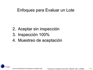 Enfoques para Evaluar un Lote   Aceptar sin inspección Inspección 100%  Muestreo de aceptación 