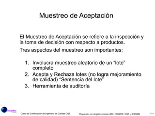 Muestreo de Aceptación   El Muestreo de Aceptación   se refiere a la inspección y la toma de decisión con respecto a productos. Tres aspectos del muestreo son importantes : Involucra muestreo aleatorio de un “lote” completo Acepta y Rechaza lotes (no logra mejoramiento de calidad) “Sentencia del lote” Herramienta de auditoría  