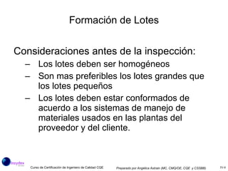 Formación de Lotes Consideraciones antes de la inspección: Los lotes deben ser homogéneos Son mas preferibles los lotes grandes que los lotes pequeños Los lotes deben estar conformados de acuerdo a los sistemas de manejo de materiales usados en las plantas del proveedor y del cliente.  