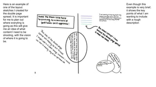 Here is an example of
one of the layout
sketches I created for
the double page
spread. It is important
for me to plan out
where everyting is
going as this will give
me an idea of what
content I need to be
shooting, with the vision
of where it is going to
be.
Even though this
example is very brief,
it shows the key
points of what I am
wanting to include
with a rough
description
 