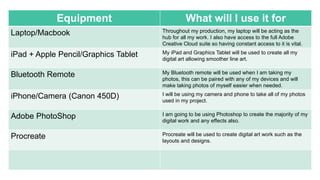 Equipment What will I use it for
Laptop/Macbook Throughout my production, my laptop will be acting as the
hub for all my work. I also have access to the full Adobe
Creative Cloud suite so having constant access to it is vital.
iPad + Apple Pencil/Graphics Tablet My iPad and Graphics Tablet will be used to create all my
digital art allowing smoother line art.
Bluetooth Remote My Bluetooth remote will be used when I am taking my
photos, this can be paired with any of my devices and will
make taking photos of myself easier when needed.
iPhone/Camera (Canon 450D) I will be using my camera and phone to take all of my photos
used in my project.
Adobe PhotoShop I am going to be using Photoshop to create the majority of my
digital work and any effects also.
Procreate Procreate will be used to create digital art work such as the
layouts and designs.
 