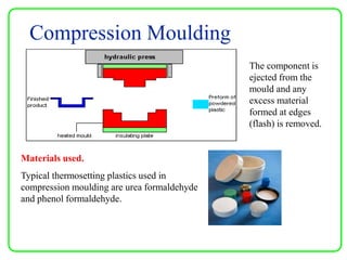 Compression Moulding
The component is
ejected from the
mould and any
excess material
formed at edges
(flash) is removed.
Materials used.
Typical thermosetting plastics used in
compression moulding are urea formaldehyde
and phenol formaldehyde.
 