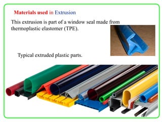Materials used in Extrusion
This extrusion is part of a window seal made from
thermoplastic elastomer (TPE).
Typical extruded plastic parts.
 