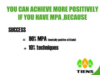 YOU CAN ACHIEVE MORE POSITIVELY
    IF YOU HAVE MPA ,BECAUSE
SUCCESS
      = 90% MPA (mentally positive attitude)
      + ...