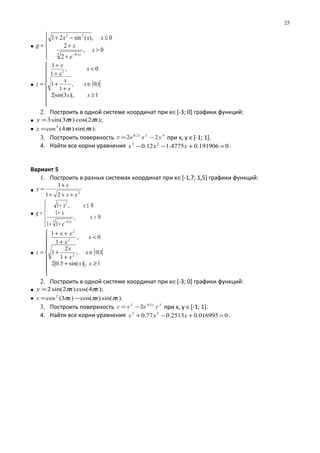 •





>
+
+
≤−+
=
−
0,
2
2
0,)(sin21
3 1.0
22
x
e
x
xxx
g
x
• [ [









≥
∈
+
+
<
+
+
=
1,)3sin(2
1;0,
1
1
0,
1
1
2
xx
x
x
x
x
x
x
z
2. Построить в одной системе координат при х∈[-3; 0] графики функций:
• );2cos()3sin(3 xxy ππ=
• ).sin()4(cos3
xxz ππ=
3. Построить поверхность 422.0
22 yxez x
−= при х, у ∈[-1; 1].
4. Найти все корни уравнения 0191906.04775.112.0 23
=+−− xxx .
Вариант 5
1. Построить в разных системах координат при х∈[-1,7; 1,5] графики функций:
• 2
21
1
xx
x
y
+++
+
=
•





>
++
+
≤+
=
−
0,
11
1
0,1
3 2.0
2
x
e
x
xx
g
x
• [ [









≥+
∈
+
+
<
+
++
=
1,)sin(5.02
1;0,
1
2
1
0,
1
1
2
2
2
xx
x
x
x
x
x
xx
z
2. Построить в одной системе координат при х∈[-3; 0] графики функций:
• );4cos()2sin(2 xxy ππ=
• ).sin()cos()3(cos2
xxxz πππ −=
3. Построить поверхность 22.02
2 yexz y
−= при х, у ∈[-1; 1].
4. Найти все корни уравнения 0016995.02513.077.0 23
=+−+ xxx .
25
 