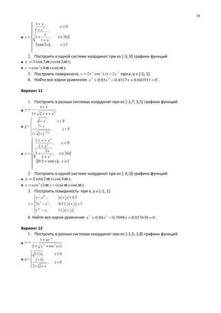 • [ [









≥
∈
+
+
<
+
+
=
1,)3sin(2
1;0,
1
1
0,
1
1
2
xx
x
x
x
x
x
x
z
2. Построить в одной системе координат при х∈[-3; 0] графики функций:
• );2cos()3sin(3 xxy ππ=
• ).sin()4(cos3
xxz ππ=
3. Построить поверхность 222
2)(cos2 yxxz −= при х, у ∈[-1; 1].
4. Найти все корни уравнения 0043911.04317.085.0 23
=+−+ xxx .
Вариант 11
1. Построить в разных системах координат при х∈[-1,7; 1,5] графики функций:
• 2
21
1
xx
x
y
+++
+
=
•





>
++
+
≤+
=
−
0,
11
1
0,1
3 2.0
2
x
e
x
xx
g
x
• [ [









≥+
∈
+
+
<
+
++
=
1,)sin(5.02
1;0,
1
2
1
0,
1
1
2
2
2
xx
x
x
x
x
x
xx
z
2. Построить в одной системе координат при х∈[-3; 0] графики функций:
• );4cos()2sin(2 xxy ππ=
• ).sin()cos()3(cos2
xxxz πππ −=
3. Построить поверхность при х, у ∈[-1; 1].





+≤−
<+≤−
<+−
=
yxye
yxex
yxex
z
x
y
y
1,
15.0,2
5.0,
2
2
2
4. Найти все корни уравнения 0037638.03999.088.0 23
=+−+ xxx .
Вариант 12
1. Построить в разных системах координат при х∈[-1,5; 1,8] графики функций:
•
)(sin2
1
22
xx
xe
y
x
++
+
=
−
•





>
++
+
≤+
=
0,
12
31
0,1
3
x
x
x
xx
g
28
 