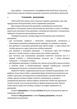 Цель работы − ознакомление с интерфейсом Microsoft Excel, получение
практических навыков создания диаграмм и решения нелинейных уравнений.
1. Создание диаграммы
В Microsoft Excel можно легко и быстро создавать диаграммы, при этом
предусмотрен большой выбор типов создаваемых диаграмм.
Для создания большинства диаграмм, например для линейчатых
диаграмм и гистограмм, можно воспользоваться данными из строк и столбцов,
однако для некоторых типов диаграмм, например для круговых и пузырьковых,
требуются специально организованные данные.
Упорядочьте данные, которые будут использоваться для построения
диаграммы:
- для гистограмм, графиков с областями, поверхностей, линейчатых и
лепестковых диаграмм упорядочивание проводят по столбцам и строкам;
- для круговых и кольцевых диаграмм (для одного ряда) − в одну строку или
столбец данных и в одну строку или столбец подписей;
- для круговых и кольцевых диаграмм − в несколько строк или столбцов
данных и, соответственно, в одну строку или столбец подписей;
- для точечных или пузырьковых диаграмм поместите значения оси X в
первый столбец, а соответствующие значения оси Y и/или размеры
пузырьков — в соседние столбцы;
- для биржевых диаграмм в столбцах или строках используйте имена или даты
в качестве меток в соответствующем порядке (наибольшие значения,
наименьшие значения и значения на момент закрытия).
Выделите ячейки, содержащие данные для построения диаграммы. Если
выбрана только одна ячейка, в диаграмму будут автоматически включены все
ячейки с данными, непосредственно примыкающие к данной ячейке. Если
ячейки, данные которых следует включить в диаграмму, не входят в
непрерывный диапазон, можно выбрать несмежные ячейки или диапазоны
только в случае, если они расположены в форме прямоугольника. Можно
также скрыть строки или столбцы, которые не следует изображать на
диаграмме.
В группе Диаграммы на вкладке Вставка (Рисунок 1) выполните одно из
следующих действий.
Выберите Вид диаграммы и затем Подвид диаграммы, который
необходимо использовать.
3
 