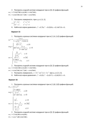 2. Построить в одной системе координат при х∈[0; 2] графики функций:
• );3sin()cos()2sin(2 xxxy πππ +=
• ).4cos()(sin)2cos( 2
xxxz πππ −=
3. Построить поверхность при х, у ∈[-1; 1].



>+−
≤+−
=
1,3
1,3
2232
2232
yxyx
yxyx
z
4. Найти все корни уравнения 0146718.08269.078.0 23
=+−+ xxx .
Вариант 15
1. Построить в разных системах координат при х∈[-1,4; 1,4] графики функций:
• )sin(1
1
xex
x
y
x
++
+
=
−
•





>
+
+
≤+
=
0,
)(cos2
1
)(sin
0,1
2
2
3 2
x
x
x
x
xx
g
• [ [








≥+
+
+
∈+
<
+
=
−
1,3
1
)sin(1
1;0,1
0,
1
2
2
2
xx
x
x
xx
xe
x
x
z
x
2. Построить в одной системе координат при х∈[0; 2] графики функций:
• );3sin()cos()2sin(2 xxxy πππ +=
• ).4cos()(sin)2cos( 2
xxxz πππ −=
3. Построить поверхность 222
2)(cos2 yxxz −= при х, у ∈[-1; 1].
4. Найти все корни уравнения 0043911.04317.085.0 23
=+−+ xxx .
Вариант 16
1. Построить в разных системах координат при х∈[-1,8; 1,8] графики функций:
• 4 3
1 x
ey +=
•




>
≤
+
+
=
0),(cos2
0,
1
)sin(3
22
2
xxx
x
x
x
g
• [ [









≥
+
−
∈
+
+−
<
=
1,
1
3
1,0,
1
2
0,3
1
x
x
x
x
x
x
x
xx
z
2. Построить в одной системе координат при х∈[0; 3] графики функций:
• );cos()sin(2 xxy ππ=
• ).3sin()(cos2
xxz ππ=
30
 