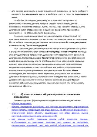 - для вывода диаграммы в виде внедренной диаграммы на листе выберите
параметр На имеющемся листе и выберите лист в поле На имеющемся
листе.
Чтобы быстро создать диаграмму на основе типа диаграммы по
умолчанию, выберите данные, которые следует использовать для ее
построения, и нажмите клавиши ALT+F1 или F11. При нажатии клавиш ALT+F1
диаграмма будет отображена как внедренная диаграмма; при нажатии
клавиши F11 − на отдельном листе диаграммы.
Если при создании диаграмм часто используется определенный тип
диаграмм, можно установить этот тип в качестве типа диаграмм по умолчанию.
После выбора типа и вида диаграммы в диалоговом окне Вставка диаграммы
нажмите кнопку Сделать стандартной.
При создании диаграммы открывается доступ к инструментам для работы
с диаграммой: отображаются вкладки Конструктор, Макет и Формат. Команды
этих вкладок можно использовать для изменения представления данных на
диаграммах. Например, вкладка Конструктор используется для отображения
рядов данных по строкам или по столбцам, внесения изменений в исходные
данные, изменения размещения диаграммы, изменения типа диаграммы,
сохранения диаграммы в качестве шаблона или выбора предварительно
определенных параметров макета и форматирования. Вкладка Макет
используется для изменения таких элементов диаграммы, как заголовки
диаграмм и подписи данных, использования инструментов рисования, а также
добавления к диаграмме текстовых полей и рисунков. Вкладка Формат
позволяет добавлять заливку цветом, изменять тип линий или использовать
специальные эффекты.
1.1. Диалоговое окно «Форматирование элементов
диаграммы»
Можно отдельно форматировать следующие элементы диаграммы:
- область диаграммы;
- область построения диаграммы (на плоских диаграммах— ограниченная
осями область, содержащая все ряды данных, на объемных диаграммах—
ограниченная осями область, содержащая все ряды данных, имена
категорий, подписи делений и названия осей);
- ряд данных (набор связанных между собой элементов данных,
отображаемых на диаграмме. Каждому ряду данных на диаграмме
соответствует отдельный цвет или способ обозначения, указанный на
5
 