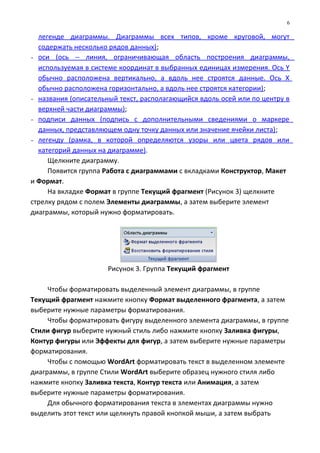 легенде диаграммы. Диаграммы всех типов, кроме круговой, могут
содержать несколько рядов данных);
- оси (ось − линия, ограничивающая область построения диаграммы,
используемая в системе координат в выбранных единицах измерения. Ось Y
обычно расположена вертикально, а вдоль нее строятся данные. Ось X
обычно расположена горизонтально, а вдоль нее строятся категории);
- названия (описательный текст, располагающийся вдоль осей или по центру в
верхней части диаграммы);
- подписи данных (подпись с дополнительными сведениями о маркере
данных, представляющем одну точку данных или значение ячейки листа);
- легенду (рамка, в которой определяются узоры или цвета рядов или
категорий данных на диаграмме).
Щелкните диаграмму.
Появится группа Работа с диаграммами с вкладками Конструктор, Макет
и Формат.
На вкладке Формат в группе Текущий фрагмент (Рисунок 3) щелкните
стрелку рядом с полем Элементы диаграммы, а затем выберите элемент
диаграммы, который нужно форматировать.
Рисунок 3. Группа Текущий фрагмент
Чтобы форматировать выделенный элемент диаграммы, в группе
Текущий фрагмент нажмите кнопку Формат выделенного фрагмента, а затем
выберите нужные параметры форматирования.
Чтобы форматировать фигуру выделенного элемента диаграммы, в группе
Стили фигур выберите нужный стиль либо нажмите кнопку Заливка фигуры,
Контур фигуры или Эффекты для фигур, а затем выберите нужные параметры
форматирования.
Чтобы с помощью WordArt форматировать текст в выделенном элементе
диаграммы, в группе Стили WordArt выберите образец нужного стиля либо
нажмите кнопку Заливка текста, Контур текста или Анимация, а затем
выберите нужные параметры форматирования.
Для обычного форматирования текста в элементах диаграммы нужно
выделить этот текст или щелкнуть правой кнопкой мыши, а затем выбрать
6
 