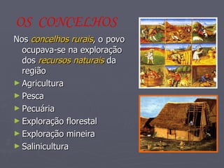 Nos  concelhos rurais , o   povo ocupava-se na exploração dos  recursos naturais  da região Agricultura Pesca Pecuária Exploração florestal Exploração mineira Salinicultura OS  CONCELHOS 