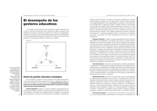 Gestión estratégica: Componentes de la gestión educativa estratégica
30 31
Competencias para la profesionalización de la gestión educativa
El desempeño de los
gestores educativos
La importancia de las prácticas que construyen la gestión educativa nos
condujo a describir someramente cómo desarrollar la gestión educativa. Nos
interesa ahora situar los anteriores conceptos en el nivel de los desempeños
específicos y con relación a las competencias que este proyecto viene adelantando.
A modo de presentación preliminar, el esquema nº 3 reúne las acciones de los
gestores en la búsqueda de pilotear el proyecto de su gestión.
Esquema 3
Largo
Plazo
MedianoPlazo
Futuro
Inmediato
Claves de gestión educativa estratégica
En la actualidad, se espera que las prácticas de los gestores educativos,
como responsables del ámbito educativo territorial y organizacional estén en
condiciones de asegurar las siguientes funciones: Analizar-Sintetizar; Anticipar-
Proyectar; Concertar-Asociar; Decidir-Desarrollar; Comunicar-Coordinar;
Liderar-Animar; Evaluar-Reenfocar.
Analizar-Sintetizar. El gestor, o el equipo de gestión, puede desarrollar una
educación de calidad a condición de incentivar permanentemente las funciones
de investigación, de análisis de la realidad particular y singular en que opera el
sistema educativo y cada una de las instituciones. Es facilitador y realizador de
procesos de conocimiento, de análisis y de síntesis orientados por una clara
intencionalidad de intervención y de mejoramiento. El gestor realiza el análisis
como etapa del diagnóstico, pero requiere llegar a una síntesis, a la reconstrucción
de la realidad bajo un esquema, modelo, analogía, todos los instrumentos
conceptuales que posibiliten luego diseñar alternativas de intervención. Posee
herramientas para el abordaje de los procesos de cambio e innovación. Para
analizar y sintetizar se requiere asimismo conocer cuál debe ser la información
para anticiparse a cambios y crisis. Análisis y síntesis para construir un proyecto
de intervención, con objetivos estratégicos claros -vinculados con los objetivos
nacionales- que definan una visión compartida para convocar a todos los
participantes.
Anticipar-Proyectar. El gestor investiga sistemáticamente las condiciones
particulares de las realidades en que trabaja, para anticipar y predecir posibles
desarrollos de acción. En este sentido, las funciones de análisis y de síntesis se
combinan con el diseño de escenarios alternativos, de acontecimientos posibles,
el encadenamiento de actividades para lograr los resultados esperados y para
disminuir el alcance de los no deseados; supone reconocer el escenario de las
resistencias y fortalezas de colaboración susceptibles de despertarse. Anticipar
es posicionarse estratégicamente y diseñar un sistema de acciones y de objetivos
delineados. La prospectiva es una actitud ante la toma de decisiones, ante el
futuro inmediato y el futuro lejano, que se propone no sólo reaccionar solamente
a las situaciones, sino anteponerse a ellas. En el sentido de Serieyx (1996: 320),
"pensar el futuro de otra manera es cambiar ya el presente”. El gestor tiene gran
capacidad de identificar las tendencias de cambios en tiempos veloces y de
identificar los indicadores de cambios lentos.
Concertar-Asociar. Los procesos de negociación, las sesiones de delegación
y la generación de amplias redes de trabajo posibilitarán la convergencia de los
múltiples actores y su participación. Esto exigirá argumentaciones y visiones capaces
de motivar la asociación en busca del mejoramiento de la calidad de la educación.
Requerirá competentes gestores con capacidad de generar alianzas con su entorno,
con la comunidad educativa, con las fuerzas vivas, para lograr una educación de
calidad para todos los niños y los jóvenes.
Decidir-Desarrollar. El gestor toma decisiones, asume responsabilidades
en organizaciones complejas, que involucran a multiplicidad de actores en
expresiones temporales diversas, requiere manejar y articular decisiones de corto,
mediano y largo plazo. El gestor, en posición de planificador estratégico, es un
diseñador sistémico de programas, proyectos, objetivos, y de estrategias y
acciones. El pensamiento estratégico y sistémico es crucial para lograr una
articulación entre lo deseable, lo posible -en su máxima expresión- lo analizado,
lo decidido, y lo diseñado y lo acordado. Supone conducir y articular los distintos
programas, objetivos y proyectos hacia buen puerto y en el tiempo oportuno.
Comunicar-Coordinar. Las funciones de comunicación y de coordinación
son a la vez fundamentales y permanentes, se vinculan con la orientación y la
Hoy día, se espera que
las prácticas de los
gestores educativos,
como responsables del
ámbito educativo
territorial y
organizacional, estén
en condiciones de
asegurar las siguientes
funciones: Analizar y
Sintetizar; Anticipar y
Proyectar; Concertar y
Asociar; Decidir y
Desarrollar; Comunicar
y Coordinar; Liderar y
animar; Evaluar y
Reenfocar.
 
