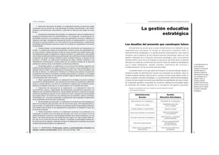 15
Competencias para la profesionalización de la gestión educativa
La gestión educativa
estratégica
Los desafíos del presente que construyen futuro
Actualmente se asume que la tarea fundamental en el rediseño de las
organizaciones escolares es revisar la disociación existente entre lo
específicamente pedagógico y lo genéricamente organizacional. Esto supone
visualizar que la palanca de las transformaciones educativas radica en una
gestión integrada de la institución educativa estratégica. Sólo una profunda
transformación de la forma de trabajo en educación permitirá situar al sistema
educativo en óptimas condiciones de avanzar hacia los objetivos estratégicos
que lo están desafiando: calidad, equidad, pertinencia del currículo y
profesionalización de las acciones educacionales.
La transformación en la que estamos inmersos nos impone transitar desde un
presente modelo de administración escolar muy enraizado en el pasado, hacia un
modelo presente lanzado hacia el futuro, aunque muchas veces parezca sólo un
deseo: la gestión educativa estratégica. La caracterización anteriormente detallada,
a través de siete rasgos ha servido para identificar las debilidades del viejo modelo.
En el siguiente apartado, el propósito es comenzar a delinear los principales rasgos
de identidad del modelo apoyado en la concepción de gestión educativa.
Esquema comparativo entre los modelos de la administración escolar
y de la Gestión Educativa
Centralidad de lo pedagógico
Habilidades para tratar
con lo complejo
Trabajo en equipo
Apertura al aprendizaje
y a la innovación
Asesoramiento y orientación
profesionalizantes
Culturas organizacionales
cohesionadas por
una visión de futuro
Intervenciones sistémicas y
estratégicas
Baja presencia de lo pedagógico.
Énfasis en las rutinas
Trabajos aislados y fragmentados
Estructuras cerradas a la innovación
Autoridad impersonal y fiscalizadora
Estructuras desacopladas
Observaciones simplificadas y
esquemáticas
Administración
Escolar
Gestión
Educativa Estratégica
Gestión estratégica
14
• Reducción del exceso de trabajo. La colaboración permite compartir las cargas
y presiones que se derivan de unas demandas de trabajo intensificadas y del cambio
acelerado, de manera que cada profesor y cada líder no tiene por qué cargar con todo,
él solo.
• Perspectivas temporales sincronizadas. La colaboración reduce las diferencias de
perspectiva temporal entre los administradores y los profesores. La participación en
actividades comunes y la comunicación crea unas expectativas comunes y realistas con
respecto a las líneas de desarrollo temporal del cambio y la implementación. Los mismos
principios se aplican también a la sincronización de las perspectivas y expectativas
temporales entre profesores y alumnos cuando se convierten en copartícipes en el proceso
de aprendizaje.
• Certeza situada. Los dos peores estados del conocimiento son la ignorancia y la
certeza. La colaboración reduce la incertidumbre y limita el exceso de culpabilidad que,
en caso contrario, invade la docencia, al fijar de común acuerdo unos límites sobre lo que
razonablemente puede conseguirse en cualquier ambiente. La colaboración crea también
una confianza profesional colectiva que puede ayudar a los profesores a resistir la tendencia
a depender de falsas certezas científicas sobre la eficacia docente, la eficacia de las
escuelas y similares. La colaboración reemplaza las falsas certezas científicas o las
debilitadoras incertidumbres ocupacionales por las certezas situadas de la sabiduría
profesional colectiva de las comunidades concretas de profesores.
• Asertividad política. La colaboración, en sus formas más intensas, capacita a los
profesores para interactuar con mayor confianza en sí mismos y mayor asertividad con los
sistemas que los rodean y la multiplicidad de innovaciones, más o menos razonables, que
de ellas se derivan. La colaboración fortalece la confianza para adoptar innovaciones
procedentes del exterior, la prudencia necesaria para retrasar su adopción y la fortaleza
moral para oponerse a ellas. En ese sentido, también mitiga los efectos de la intensificación
y la sobrecarga antes mencionados.
• Mayor capacidad de reflexión. La colaboración en el diálogo y la acción constituye
una fuente de retroalimentación y de comparación que incita a los profesores a reflexionar
sobre su propia práctica. Los otros se convierten en espejos para la práctica propia,
llevando a la reflexión sobre ella y a su reformulación con un sentido más crítico.
• Capacidad de respuesta de la organización. La colaboración reúne los
conocimientos, pericia y capacidades del profesorado, permiténdole responder con
diligencia a las cambiantes limitaciones y oportunidades del entorno, examinar de manera
proactiva el ambiente en relación con los cambios por venir y descubrir las oportunidades
que pueda ofrecer. Al incorporar a los partícipes de ese ambiente -padres, empresas,
comunidades, etc.- al proceso cooperativo, se refuerza aún más la celeridad y la adecuación
de las respuestas de las escuelas y profesores.
• Oportunidades para aprender. La colaboración incrementa las oportunidades que
tienen los profesores para aprender unos de otros entre aulas, entre departamentos y
entre escuelas. La colaboración constituye una poderosa fuente de aprendizaje profesional,
para realizar mejor la tarea. En las organizaciones cooperativas, la totalidad es mayor que
la suma de sus partes.
• Perfeccionamiento continuo. La colaboración estimula a los profesores a no
contemplar el cambio como una tarea que terminar, sino como un proceso sin fin de
perfeccionamiento continuo en una búsqueda asintótica de la máxima excelencia, por una
parte, y de nuevas soluciones a los problemas que surgen con mayor rapidez cada vez,
por otra. Por su forma de promover la reflexión compartida, el aprendizaje profesional y
la recolección de los saberes y destrezas de todos, la colaboración constituye una premisa
fundamental del aprendizaje en la organización.
Fuente: A. HARGREAVES, Profesorado, cultura y postmodernidad. (Cambian los
tiempos, cambia el profesorado), Madrid, Ediciones Morata, 1996.
La transformación en
la que estamos
inmersos nos impone
transitar desde un
presente modelo de
administración escolar
muy enraizado en el
pasado, hacia un
modelo presente
lanzado hacia el futuro,
aunque muchas veces
parezca sólo un deseo:
la gestión educativa
estratégica.
 