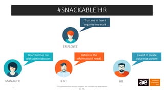 This presentation and its content are confidential and owned
by AE.
7
Trust me in how I
organize my work
EMPLOYEE
MANAGER CFO HR
Don’t bother me
with administration
Where is the
information I need?
I want to create
value not burden
#SNACKABLE HR
 