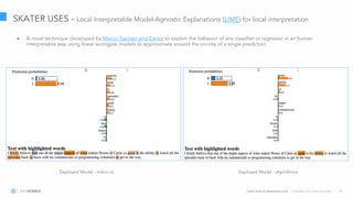 Learn more at datascience.com  |  Empower Your Data Scientists 30
SKATER USES - Local Interpretable Model-Agnostic Explanations (LIME) for local interpretation
● A novel technique developed by Marco, Sameer and Carlos to explain the behavior of any classifier or regressor in an human
interpretable way using linear surrogate models to approximate around the vicinity of a single prediction
Deployed Model - indico.io Deployed Model - algorithmia
 