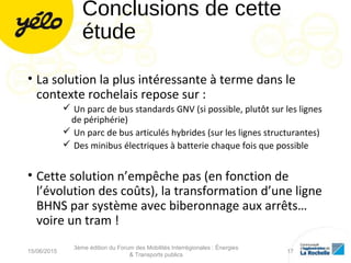 Conclusions de cette
étude
• La solution la plus intéressante à terme dans le
contexte rochelais repose sur :
 Un parc de bus standards GNV (si possible, plutôt sur les lignes
de périphérie)
 Un parc de bus articulés hybrides (sur les lignes structurantes)
 Des minibus électriques à batterie chaque fois que possible
• Cette solution n’empêche pas (en fonction de
l’évolution des coûts), la transformation d’une ligne
BHNS par système avec biberonnage aux arrêts…
voire un tram !
15/06/2015
3ème édition du Forum des Mobilités Interrégionales : Énergies
& Transports publics
17
 