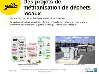 Des projets de
méthanisation de déchets
locaux
• Deux projets de méthanisation de déchets locaux existent
• Le gestionnaire du réseau de distribution recherche des débouchés pour le gaz les
nuits d’été afin de pouvoir augmenter le biogaz injecté dans le réseau
Station compression Vitalis, PoitiersSchéma de production de biogaz
Source = site methanisation.net le 18/02
15/06/2015
3ème édition du Forum des Mobilités Interrégionales : Énergies
& Transports publics
7
 