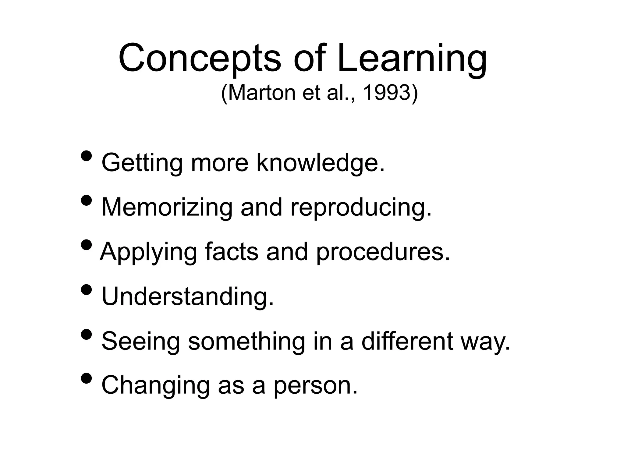 Concepts of Learning
(Marton et al., 1993)
• Getting more knowledge.
• Memorizing and reproducing.
•Applying facts and procedures.
• Understanding.
• Seeing something in a different way.
• Changing as a person.
 