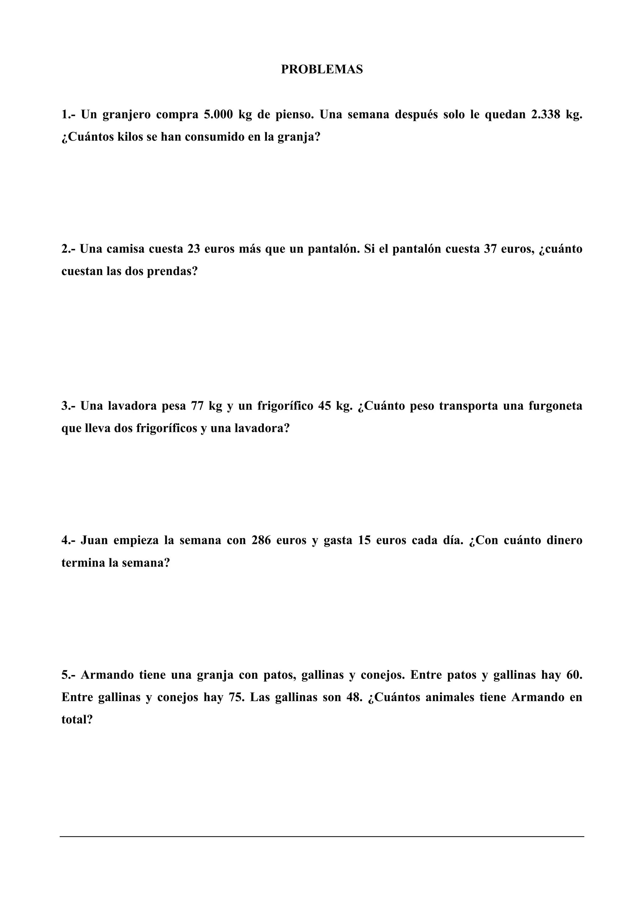 PROBLEMAS
1.- Un granjero compra 5.000 kg de pienso. Una semana después solo le quedan 2.338 kg.
¿Cuántos kilos se han consumido en la granja?
2.- Una camisa cuesta 23 euros más que un pantalón. Si el pantalón cuesta 37 euros, ¿cuánto
cuestan las dos prendas?
3.- Una lavadora pesa 77 kg y un frigorífico 45 kg. ¿Cuánto peso transporta una furgoneta
que lleva dos frigoríficos y una lavadora?
4.- Juan empieza la semana con 286 euros y gasta 15 euros cada día. ¿Con cuánto dinero
termina la semana?
5.- Armando tiene una granja con patos, gallinas y conejos. Entre patos y gallinas hay 60.
Entre gallinas y conejos hay 75. Las gallinas son 48. ¿Cuántos animales tiene Armando en
total?
 