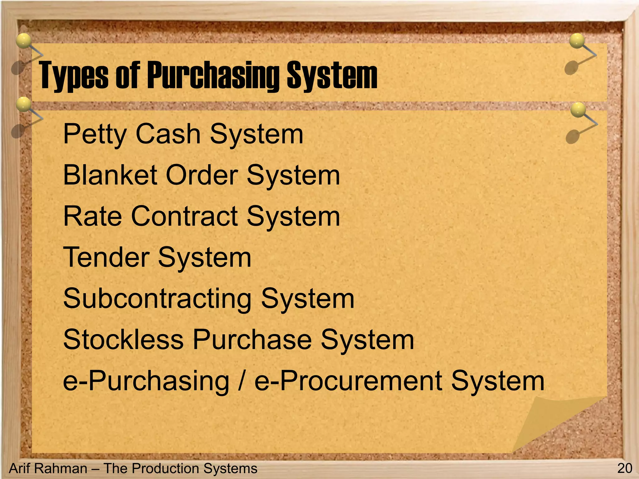 Arif Rahman – The Production Systems
Petty Cash System
Blanket Order System
Rate Contract System
Tender System
Subcontracting System
Stockless Purchase System
e-Purchasing / e-Procurement System
Types of Purchasing System
20
 
