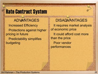 Arif Rahman – The Production Systems
Rate Contract System
ADVANTAGES
Increased Efficiency
Protections against higher
pricing in future
Predictability simplifies
budgeting
DISADVANTAGES
It requires market analysis
of economic price
It could afford cost more
than the price
Poor vendor
performances
26
 