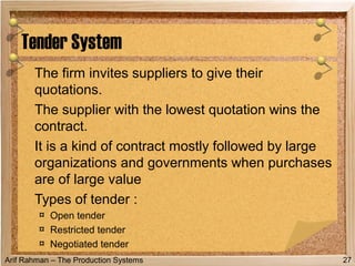 Arif Rahman – The Production Systems
The firm invites suppliers to give their
quotations.
The supplier with the lowest quotation wins the
contract.
It is a kind of contract mostly followed by large
organizations and governments when purchases
are of large value
Types of tender :
¤ Open tender
¤ Restricted tender
¤ Negotiated tender
Tender System
27
 