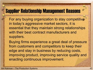 Arif Rahman – The Production Systems
For any buying organization to stay competitive
in today’s aggressive market sectors, it is
essential that they maintain strong relationships
with their best contract manufacturers and
suppliers.
Buying firms experience a great deal of pressure
from customers and competitors to keep their
edge and stay in business by reducing costs,
improving product, improving service quality and
enacting continuous improvement.
Supplier Relationship Management Reasons
43
 