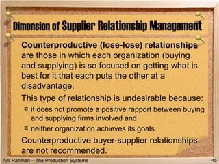 Arif Rahman – The Production Systems
Counterproductive (lose-lose) relationships
are those in which each organization (buying
and supplying) is so focused on getting what is
best for it that each puts the other at a
disadvantage.
This type of relationship is undesirable because:
¤ it does not promote a positive rapport between buying
and supplying firms involved and
¤ neither organization achieves its goals.
Counterproductive buyer-supplier relationships
are not recommended.
Dimension of Supplier Relationship Management
45
 
