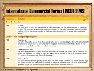 Arif Rahman – The Production Systems
International Commercial Terms (INCOTERMS)
76
 