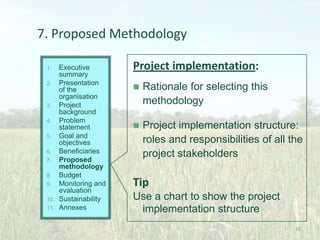 7. Proposed Methodology
Executive
summary
2. Presentation
of the
organisation
3. Project
background
4. Problem
statement
5. Goal and
objectives
6. Beneficiaries
7. Proposed
methodology
8. Budget
9. Monitoring and
evaluation
10. Sustainability
11. Annexes
1.

Project implementation:


Rationale for selecting this
methodology



Project implementation structure:
roles and responsibilities of all the
project stakeholders

Tip
Use a chart to show the project
implementation structure
28

 