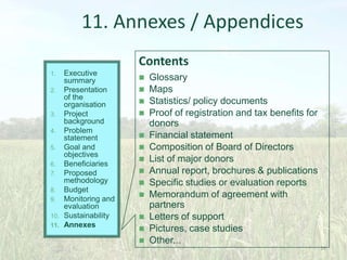 11. Annexes / Appendices
Contents
Executive
summary
2. Presentation
of the
organisation
3. Project
background
4. Problem
statement
5. Goal and
objectives
6. Beneficiaries
7. Proposed
methodology
8. Budget
9. Monitoring and
evaluation
10. Sustainability
11. Annexes
1.


















Glossary
Maps
Statistics/ policy documents
Proof of registration and tax benefits for
donors
Financial statement
Composition of Board of Directors
List of major donors
Annual report, brochures & publications
Specific studies or evaluation reports
Memorandum of agreement with
partners
Letters of support
Pictures, case studies
Other...
36

 